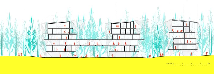 Wild Synapse is not a Project, it is an Attitude. With this proposal the architecture office formed by Borja Sallago Zambrano, Alan Cortez de la Concha, and Manuel Pinilla Fernandez has won the First Prize at Europan13 in Espoo, Finland. Last December 4th they received said award in Helsinki at the hands of Europan Finland's organizers. The office's project approaches an architectural program for students and faculty at Aalto University's campus in Otaniemi, with the particular difficulty of its insertion in woodlands bordering a EU's protected Natura 2000 site. The jury highlighted the proposal's sensitivity for minimizing its footprint on site, as well as its expressive construction, and the adaptability it provides to the relation between inhabitants and surrounding nature. Authors and image copyright holders: Borja Sallago Zambrano, Alan Cortez de la Concha, Manuel Pinilla Fernandez. Competition collaborators: Ana Georgina Hernandez Aranda — graphic designer —, Francisco Crespo Burgueño, Alba Sospedra Arrufat, Luisa Daza Reyes y Fernando Basurto Gallegos — architecture students —. Office's website: bammm architecture office www.bam-mm.com